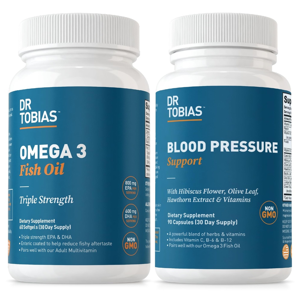 Dr. Tobias Omega 3 Zivju eļļa un Asinsspiediena Papildinājumi Sirds, smadzeņu, imūnās, asinsrites veselības, ar C vitamīnu, B6, B12, Niacin, Folātu un herbs