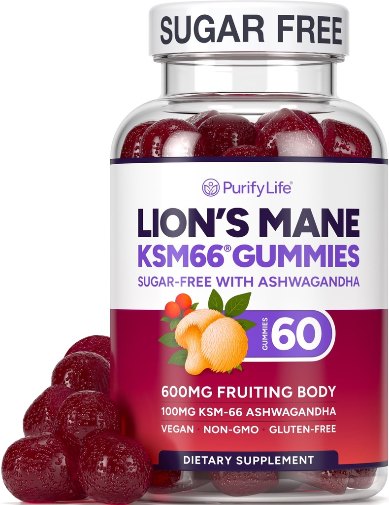 Bezcukura Lions Mane Papildinājums Gumijas ar KSM-66 Ashwagandha - Nootrops Papildinājums Cognition, Brain Fog, Garīgā skaidrība, Focus & Stress Support - Natural Berry Flavor, Vegan, Ražots ASV