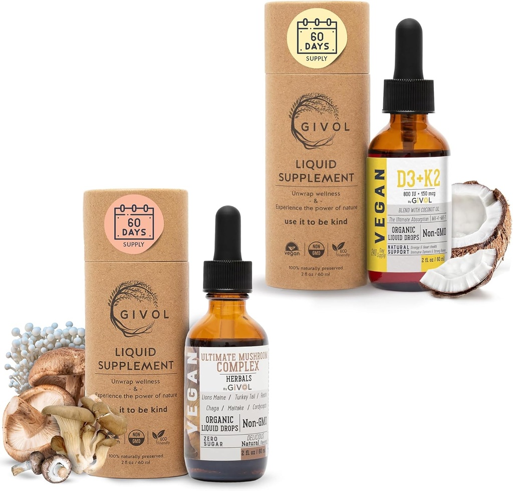 Ultimate Mushroom Complex Šķidrie pilieni ar vitamīnu D3 + K2 (MK4 & MK7) dabas labsajūtai: augu bāzes, Vegan formula ar frakcionētu kokosriekstu eļļu - atbalsta un ikdienas Vitality