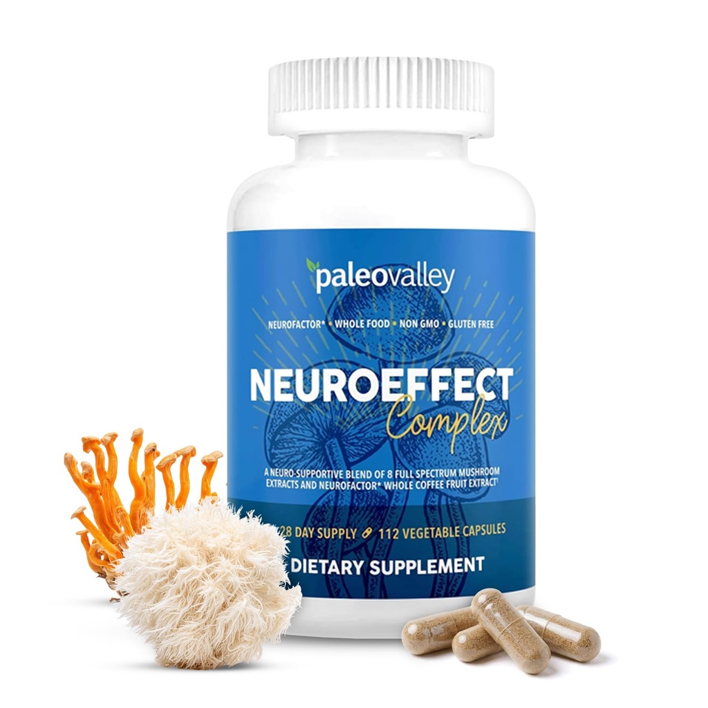Paleovalley NeuroEffect - neirosēņu kafija Uztura bagātinātāji fokusam, atmiņai un enerģijas atbalstam - 28 dienu piegādes - 8 Pilna spektra sēņu un veselas kafijas augļu ekstrakti