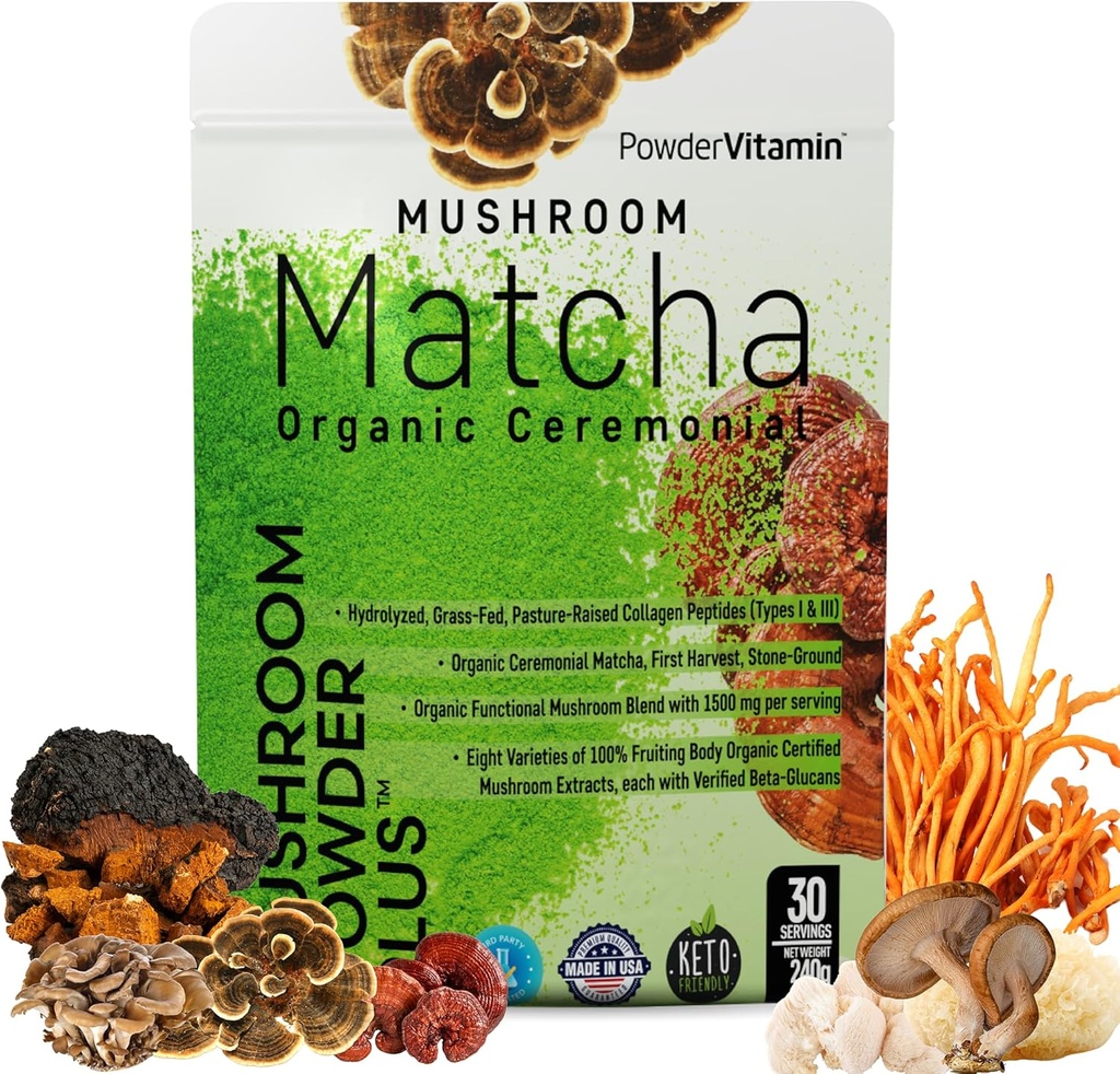PulverisVitamīns Organiskās ceremonijas Sēnes Matcha Sertificēts bez pesticīdiem Zāle-Zāļu kolagēna tipi I & III 8 Augļkopības iestādes Sēnes pārbaudītas Beta-Glucans Focus Digestion & Imunity 30 Servējumi