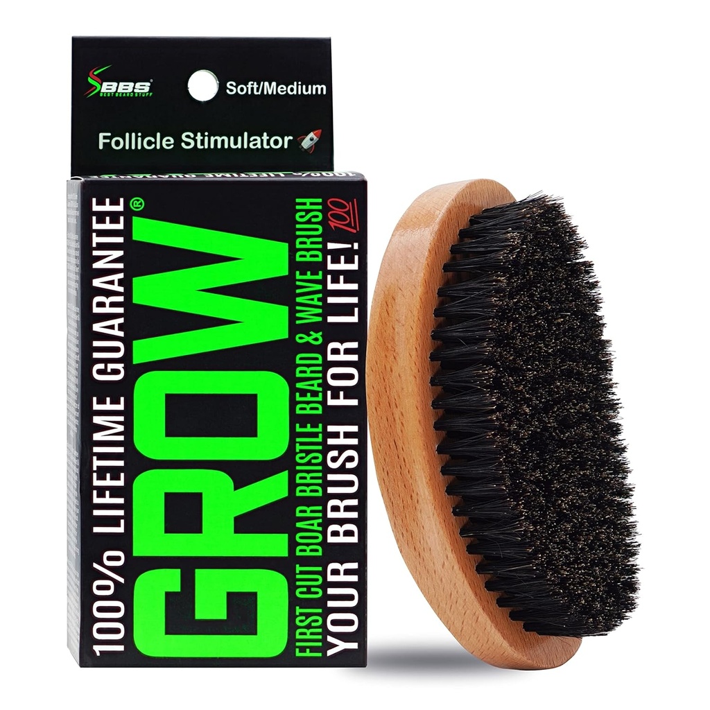 GROW Boar Bristle Beard Brush & 360 Wave Brush vīriešiem – Beard un Mustache augšanas Brush – Beard Brush vīriešiem & Follicle Stimulators – Eksfoliate, Detangle & Boost Circulation – ASV Ražots