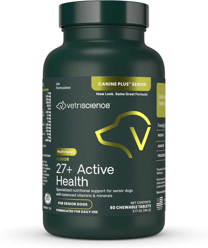 VetriScience Senior 27+ aktīvās veselības košļājamās tabletes, Suņu Plus dienas multivitamīnu vecākiem suņiem, Līdzsvaroti vitamīni, Minerāli un antioksidanti, Novecošanas un labsajūtas atbalsts, Veggie, 60 grāf