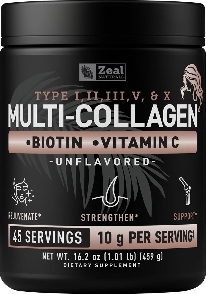 Premium Multi-kolagēna peptīdi Proteīna pulveris (1, 2, 3, 5 un 10) ar C vitamīnu, biotīns, hialuronskābe, matu ādai un nagiem - jūras, liellopu, vistu un olu čaumalu (neuzliesmojošs, 45 Servējumi)
