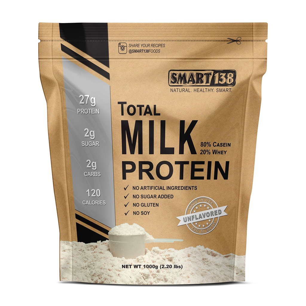 Smart138 Kopējais piena proteīns - 80% Casein 20% Sūkalas - RBST/rBGH Hormons bez lipekļa, bez sojas, ne-GMO, ASV, Keto Low Carb, dabas BCAAs (1000g / 2.2lbs, Neflavored)