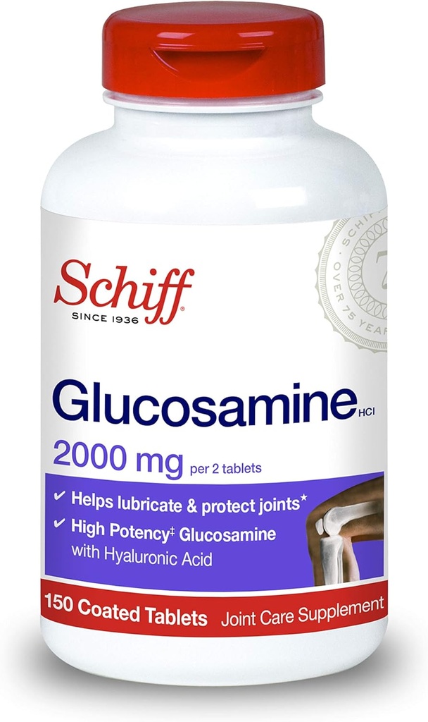 Schiff Glucosamine 2000mg (per Serving) + Hyaluronic Acid Tabletes (150 Skaits pudelē), Kopīgais aprūpes papildinājums, kas palīdz atbalstīt kopīgu mobilitāti un elastību, atbalsta struktūru asins recekļu