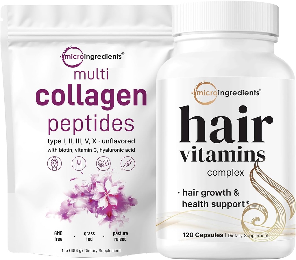 Micro Sastāvdaļas Multi kolagēna proteīns Pulveris 16oz & matu Vitamīni Complex Kapsulas Bundle 2 Pack