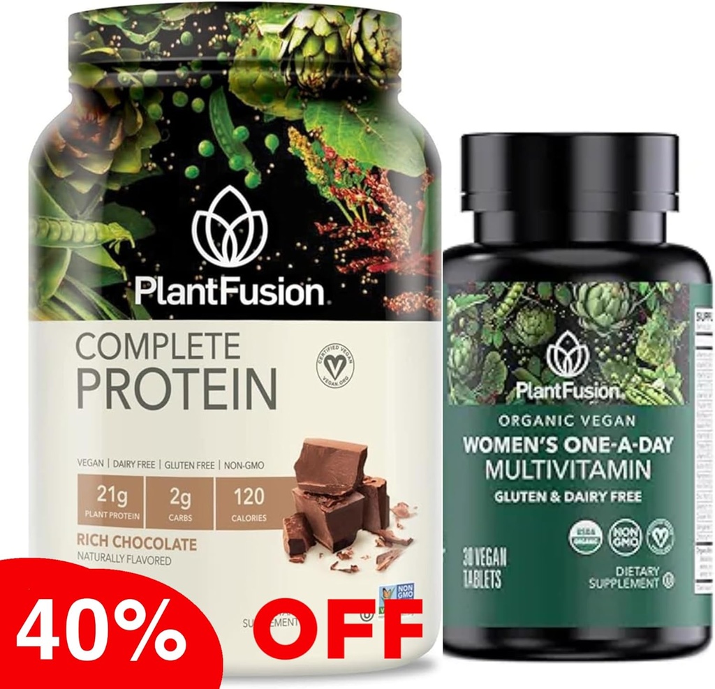 PlantFusion Protein Pulveris & Organic Sieviešu Multivitamīnu Bundle – 21g Augu bāzes proteīns ar BCAAs, Tīras sastāvdaļas, & Garšīgs Flavor Plus 19 Essential Vitamīni enerģijai, immunity & Heart Hea