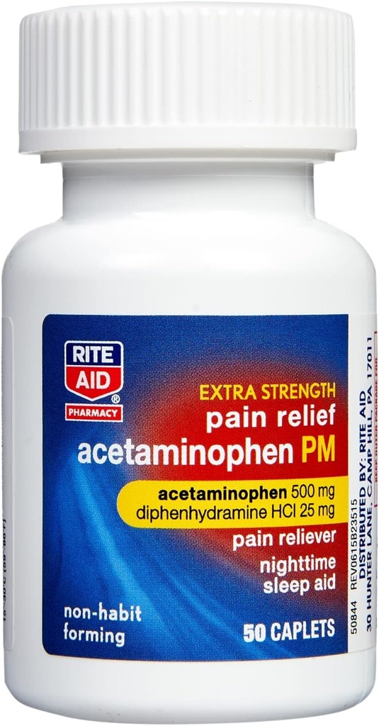 Rite palīgs Extra Strength PM sāpes Relief Caplets, 500mg Acetaminofēns / 25mg Difenhidramīns - 50 Skaits 