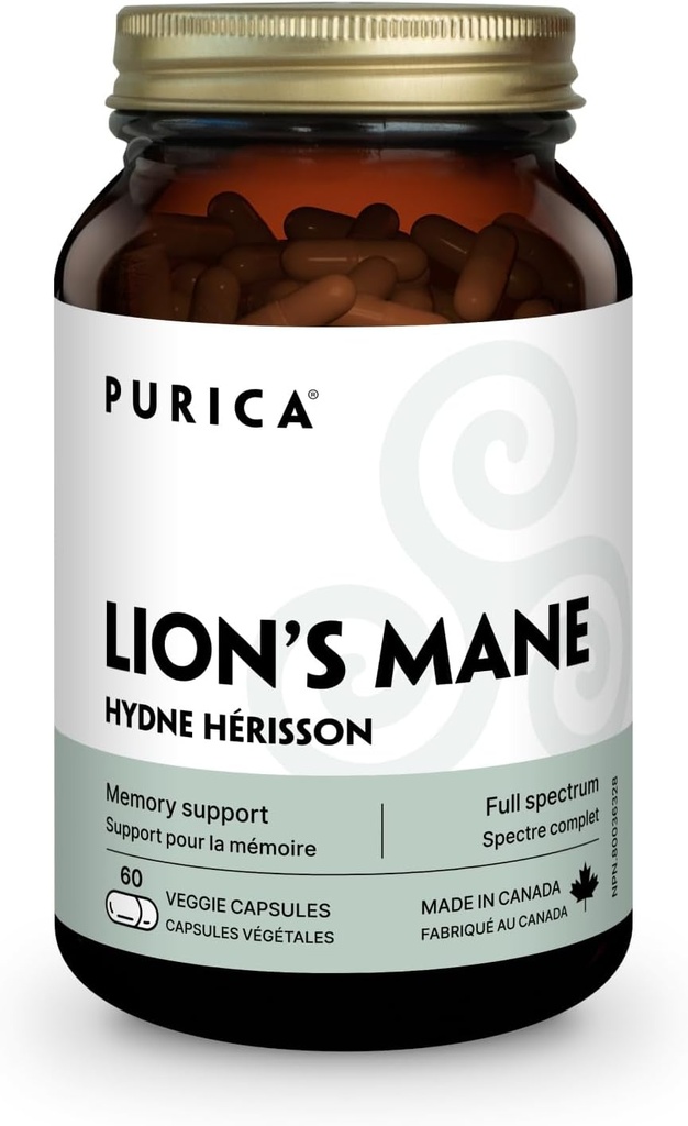 PURICA - Lion's Mane Mikronizētas Sēnes, 60 Vegan Kapsulas - veicina kognitīvo veselību - Focus and Memory Support