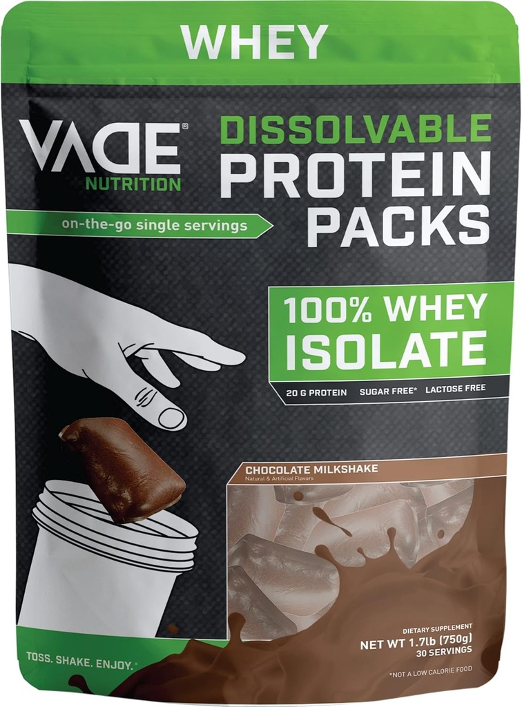 VADE Nutrition Atdalāmi proteīni Iepakojumi - 100% Sūkalu izolātu Olbaltumvielu pulveris Šokolādes Milkshake - zema Carb, zema Calorie, bez laktozes, bez cukura, bez tauku, bez lipekļa - 30 paketes Go