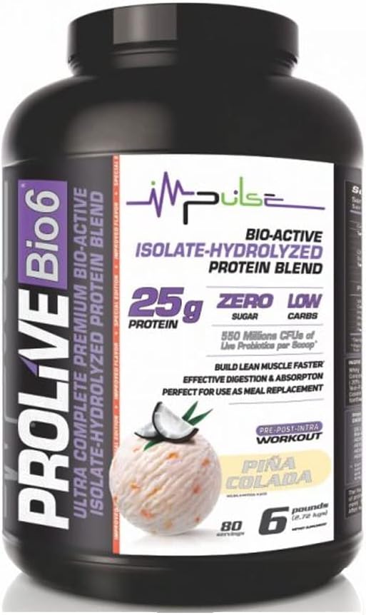 Prolive Bio6 papildinājumi 25gr Ultra Complete Premium, Bio-Active, Izolāta-Hidrolized Protein Blend ar Sūkalu Protein Koncentrēta, Zema Karb, Nulle Cukurs un 5g BCC - Piña Colada Flavor - 6 LBS Kopā
