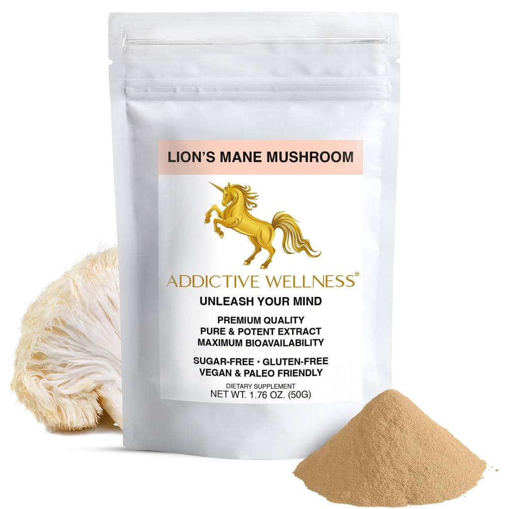 Addictive Wellness Lions Mane papildinājums Pulveris, Premium kvalitāte Lions Mane sēņu pulveris Dual-Extract Nootropic, bez cukura, vegana un paleo Friendly Lion s Mane sēņu papildinājums - 1500 mg