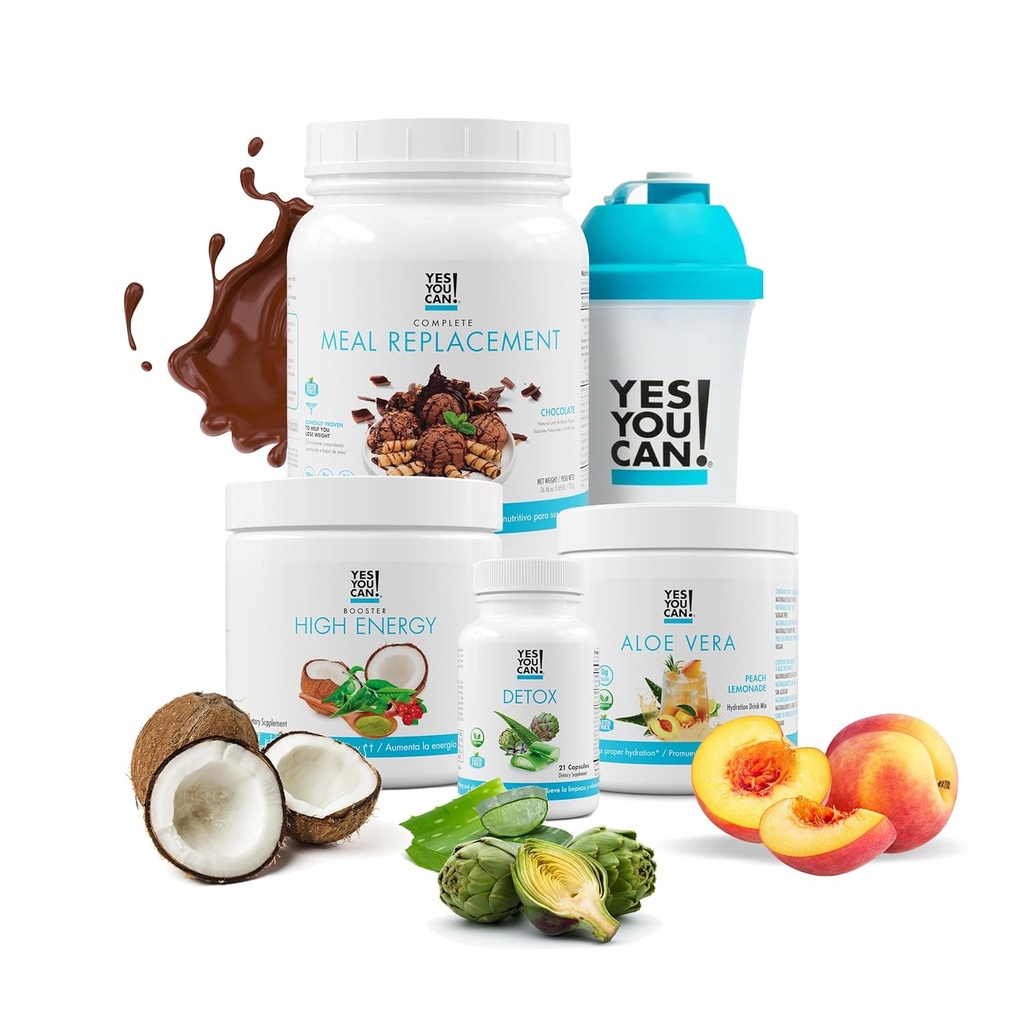 Jā Jūs varat! Detox Plus komplekts (Ēdienreizes aizstājēj Šokolāde, Aloe Vera Persiku Lemonāde) - Complete Ēdienreizes rezerves pulveris, High Energy Shake Booster, Aloe Vera Detox papildinājums, Veselības transformācija