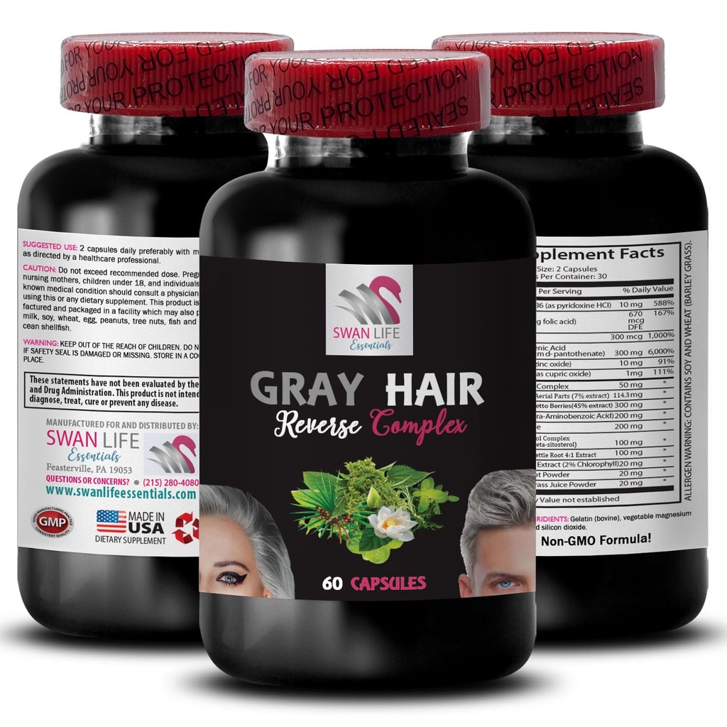 Pelēks matu papildinājums - GRAY HAIR REVERSE - matu revitalizācija, intensīva matu krāsa, dabīgs spīdums, dinamiska krāsa, atjaunots matu izskats, matu mirdzums, svaiga vibrācija, krāsu reenergizer 1Bot 60Caps