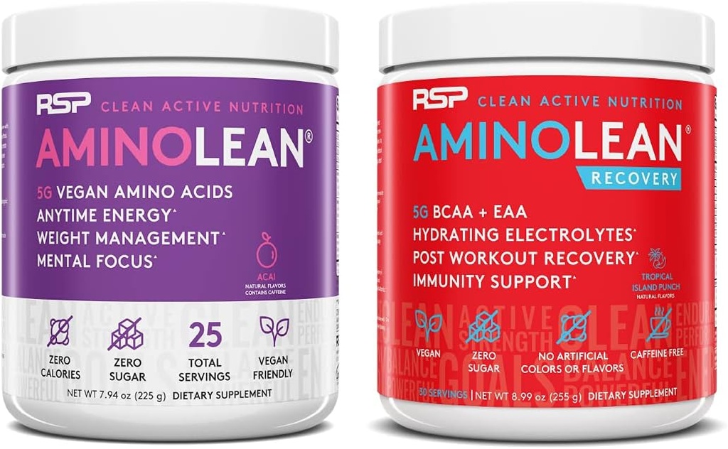 RSP NUTRItion Vegan AminoLean pirms Workout Energy (Acai 25 Servings) ar AminoLean Recovery Post Workout Boost (Tropiskā sala Punch 30 Servē)