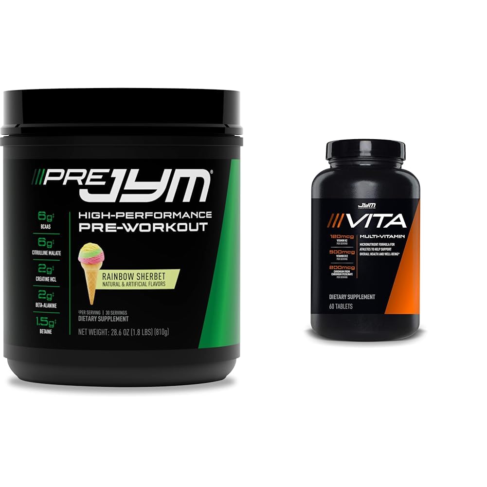 JYM Papildzinātnes Pre Jym Varavīksnes Šerbet Pirmsdarbs, 30 Kalpo & Vita JYM Multivitamīnu Sportistiem, 60 tabletes Paka