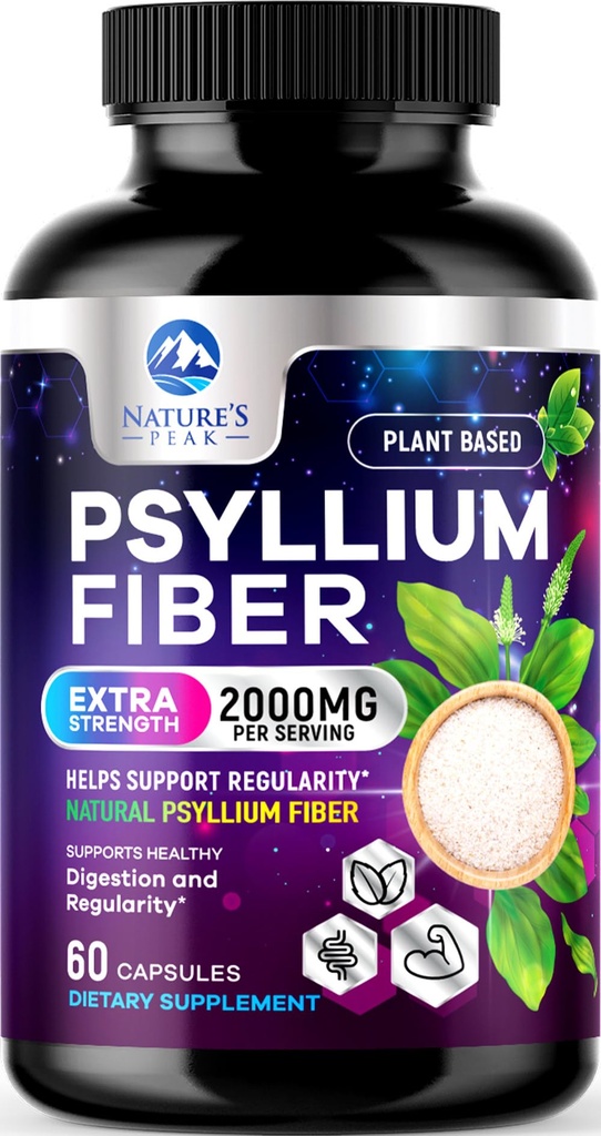 Psyllium Husk Fiber papildinājums 1500mg - Vegan Prebiotic, Šķīstošs Fiber ikdienas Gremošanas Veselība & Regularitātes Atbalsts, Dabas Psyllium pulvera Caps, bez cukura, bez GMO un lipekļa - 60 kapsulas