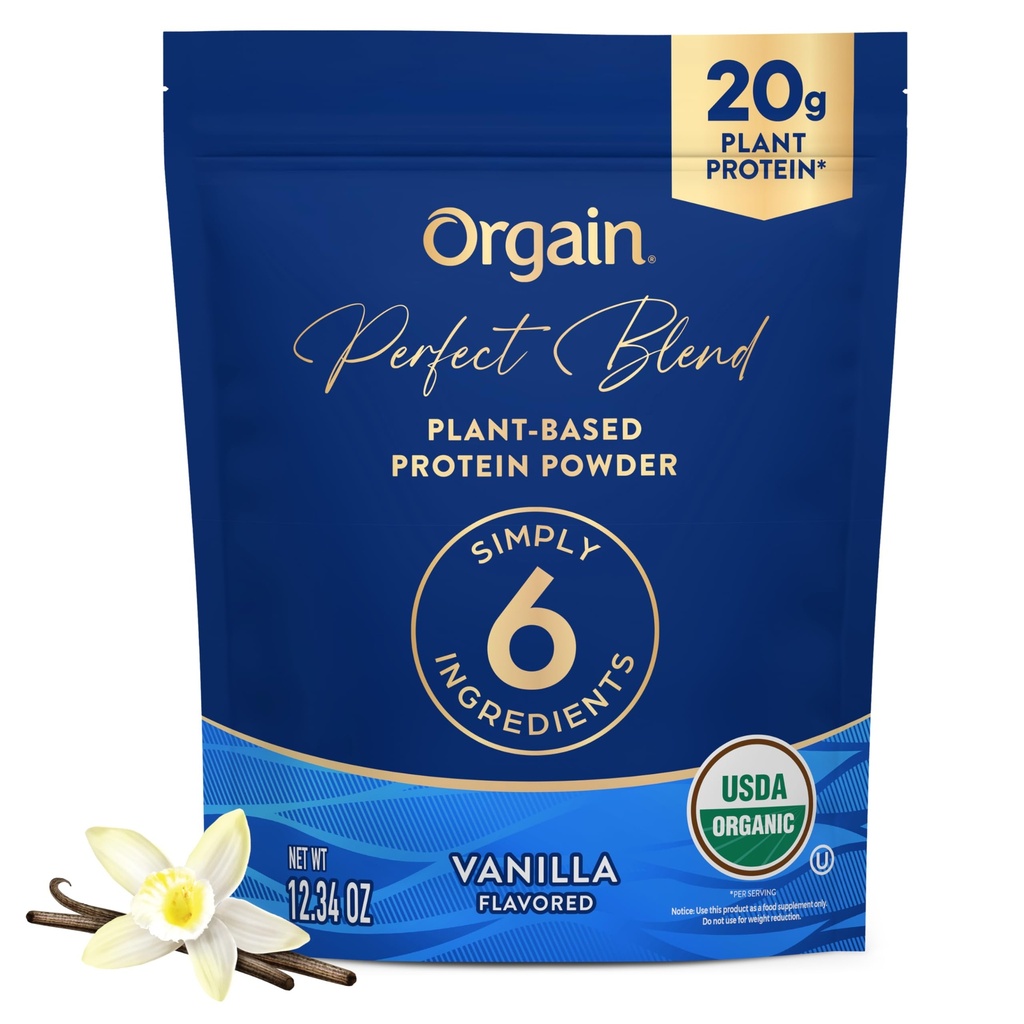 Orgain Organic Vegan Perfect Blend Protein Pulveris, 20g Tīrs augu proteīns, 6 Sastāvdaļas, <1g cukura, bez lipekļa, ne-GMO; Nav Mākslīgu Uzliesmojumu, Stevia Extract, Piena vai sojas Sastāvdaļas- Vanilla