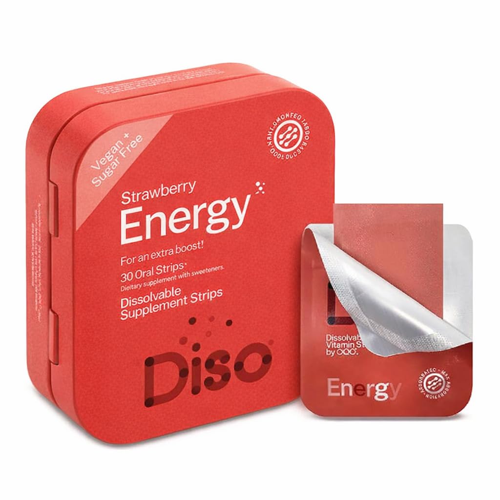 DISO - enerģija - ātri šķīdināmas kofeīna sloksnes ar vitamīniem, zemeņu uzlējums, vegana, bez cukura, augsta absorbcija, bez lipekļa, atsevišķi apputeksnēts, 30 šķīdināmas sloksnes