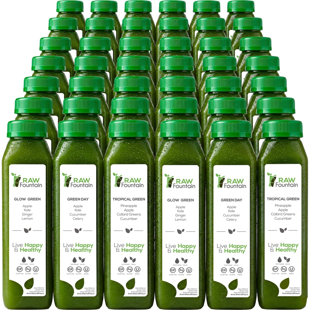 7 Day Green Suice Tīrīt Raw strūklaka, visi dabas Raw, Vegan Detox, Auksti presētas sulas, 42 pudeles 12oz, 3 ingvera šāviņi