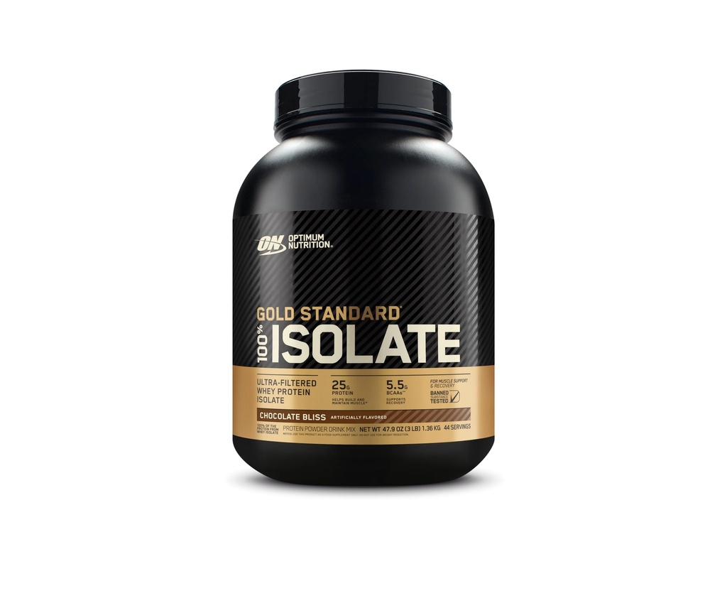 Optimum Nutrition Gold Standard 100% Izolāts, Olbaltumvielu pulveris, Šokolādes bliss, 3 mārciņas, 44 Kalpo. Sūkalu proteīna izolāts (iepakojums var būt)
