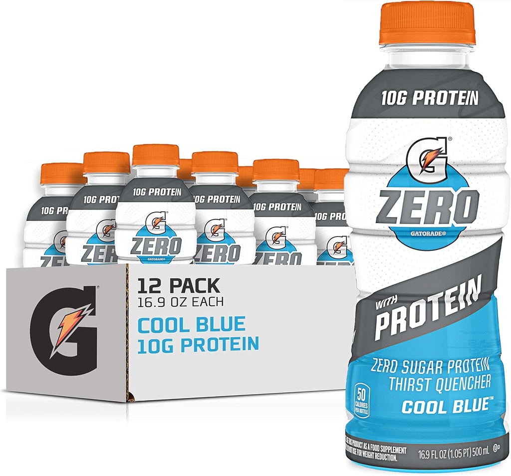 Gatorade Zero ar proteīnu, 10g sūkalu proteīna izolāts, Nulle Cukurs, veģetārais, šķidri elektrolīti, atdzesēti zils, 16,9 Fl Oz pudele, 12 iepakojums