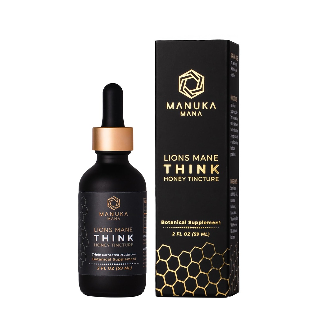 Lauvas Mane Think Honey Tincture ASV Wild Harvested Lions Mane, Triple Extracted Tincture, Manuka Honey (MGO 150+), 100% Fruiting Body, 2 fl oz (60 Kalpo)