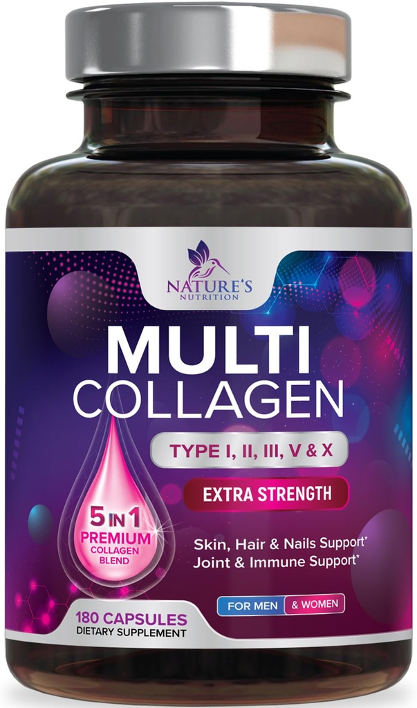 Multikolagēna papildinājums 2400 mg - I, II, III, V un X tips Multi kolagēna peptīdi Tabletes sievietēm un vīriešiem, Hidrolizēti kolagēna papildinājumi, Matu, ādas, nagu, & locītavu atbalsta papildinājums - 180 kapsulas