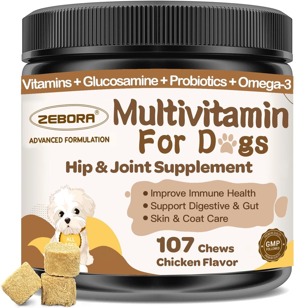 Suņu multivitamīni ar minerālvielām vispārējai veselībai - suņu vitamīni un piedevas ar glikozamīnu, probiotikas puppy un senioru suņiem ar minerālvielām - Omega 3 zivju eļļa ādai un apvalkiem - 107 košļājamās rotaļlietas