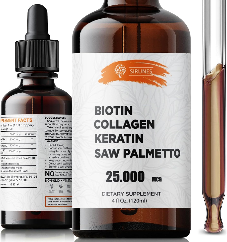 Šķidrs biotīns un kolagēns – Matu, ādas un nagu papildinājums ar 10 000 μg kolagēna, 5 000 μg Biotin, 5 000 μg Keratin & Saw Palmetto – Ražots ASV, 4 fl oz