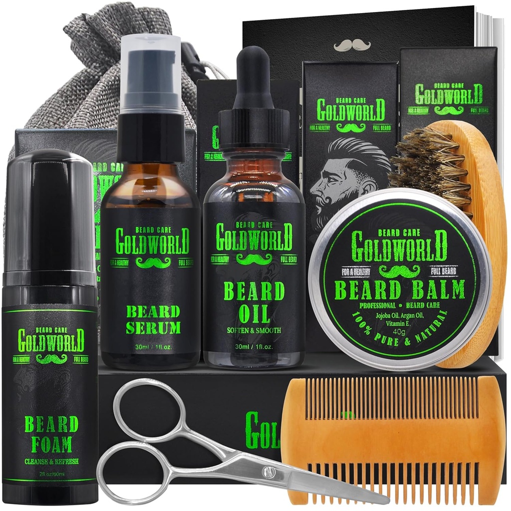 Beard Kit Beard Grooming Kit w/Beard Wash/Shampoo Beard Oil Balm Brush Comb Šķēre Bag e-Grāmata Ziemassvētku Buffers Dāvanas Idejas vīriešiem Viņu tētis Boyend Vīrs Vīrieši