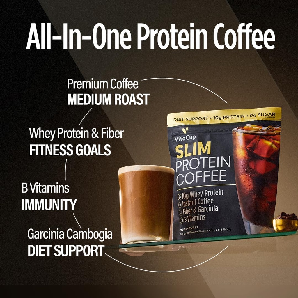 VitaCup Slim Protein Coffee Shake for Diēta atbalsts, Instant Coffee w / Whey Protein pulveris, B Vitamīni & Fiber, Dietitian Izstrādāts sniegumu un garša, Make kā ledus kafiju vai Shake, 20 Kalpo