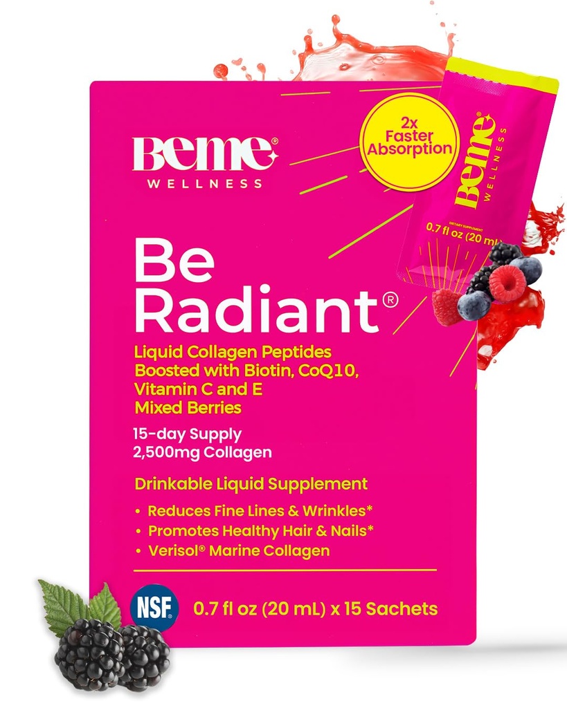 BeMe BeRadiant Šķidrais kolagēns Peptīds matiem, ādai un nagiem ar 2X ātrāku uzsūkšanos – klīniski pārbaudīta – 2500mg Verisol Hidrolizēts kolagēna papildinājums sievietēm ar biotīnu, CoQ10 un C vitamīnu