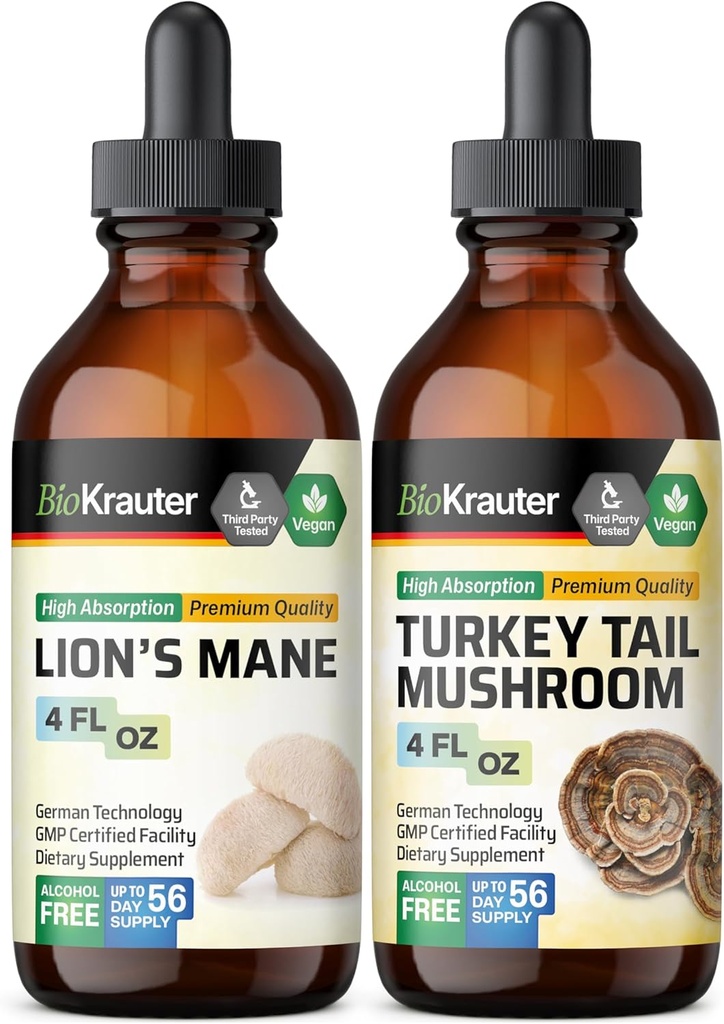 BIO KRATER Lion's Mane Tincture 4 Fl. Oz. & Turkey Astes sēnes Tincture 4 Fl. Oz.