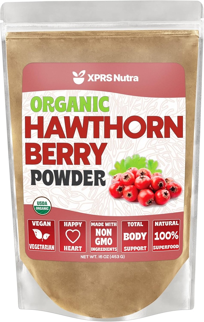 XPRS Nutra Organic Hawthorn Berry pulveris - Premium USDA Organic Hawthorne Berry pulveris sirds un asinsvadu atbalstam - Vegan Friendly Hearth Veselības papildinājums (16 Ounce)