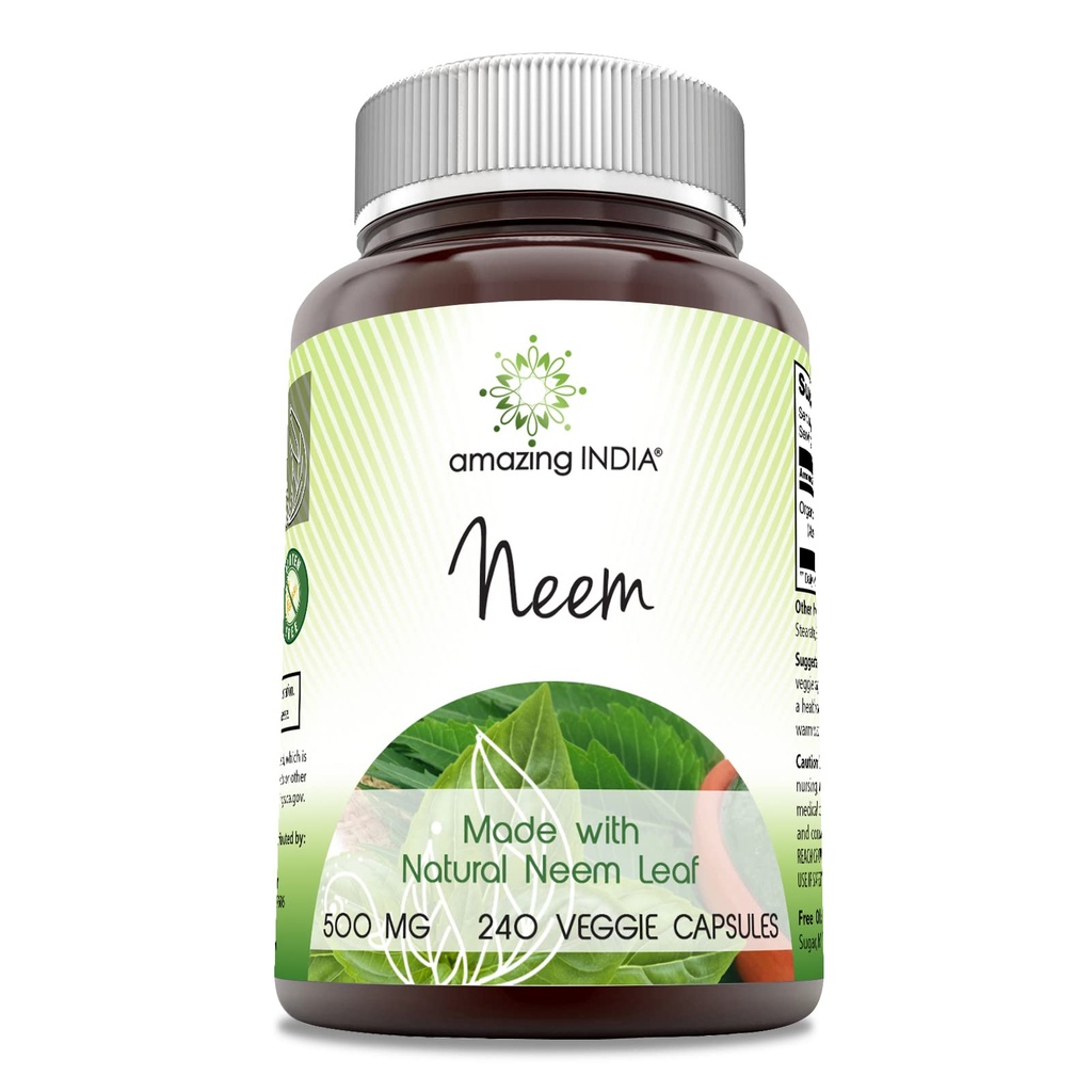 Amazing India Neem (Ražots ar Natural Neem Leaf) 500 mg Veggie Kapsulas papildinājums - Non-GMO -- Bez lipekļa - Ražots ASV -- Piemērots veģetāriešiem (240)