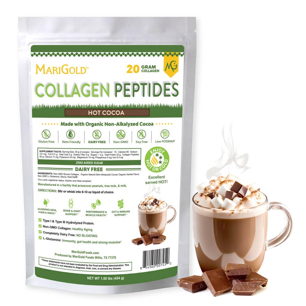 MariGold kolagēna peptīdu pulveris Karstais kakao 1LB - 100% tīrs, I un III tipa liellopu hidrolizētais kolagēns, ne-GMO, bez Hormona, bez sojas, bez lipekļa, bez piena, bez keto-Friendly