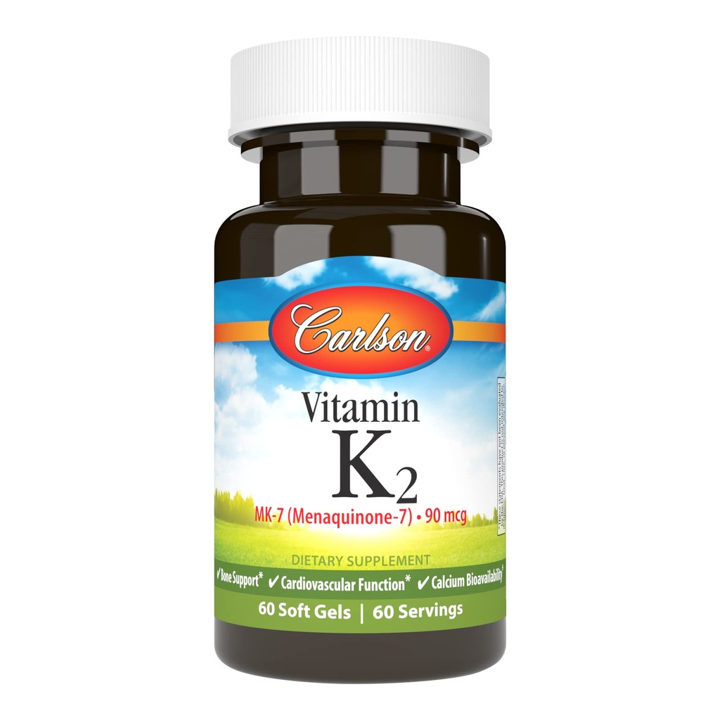 Carlson - vitamīns K2 MK-7 (menahinons), 90 μg, kaulu balsts, kalcija biopieejamība, K2 vitamīns, K-2 vitamīns, 60 softgeli