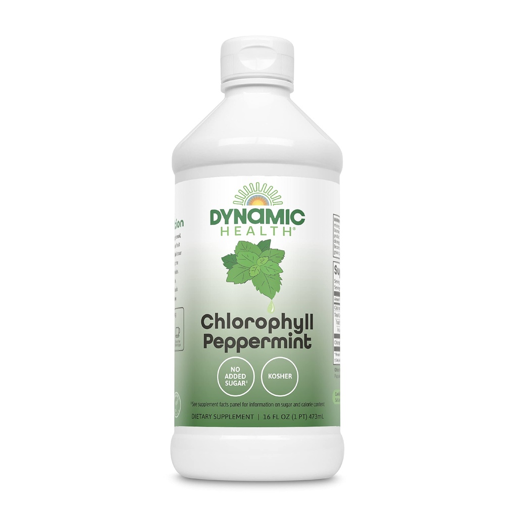 Dinamiskā veselība Šķidrais hlorofils Piparmētra 100 mg, Nātrija vara hlorofilīns ar Alfalfa un Mulberry Leaves, Augu tīrīšana un dezodorēšana, Nav pievienots cukurs, 16 Fl Oz