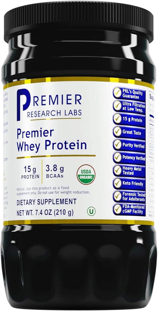 Premier Research Labs sūkalu proteīns - neflavorēts Premier Whey Protein pulveris, Organic Whey Protein Koncentrāts, Keto Friendly, Ready Mixes with Drinks, Zema siltuma filtrēts - 7.4 Oz