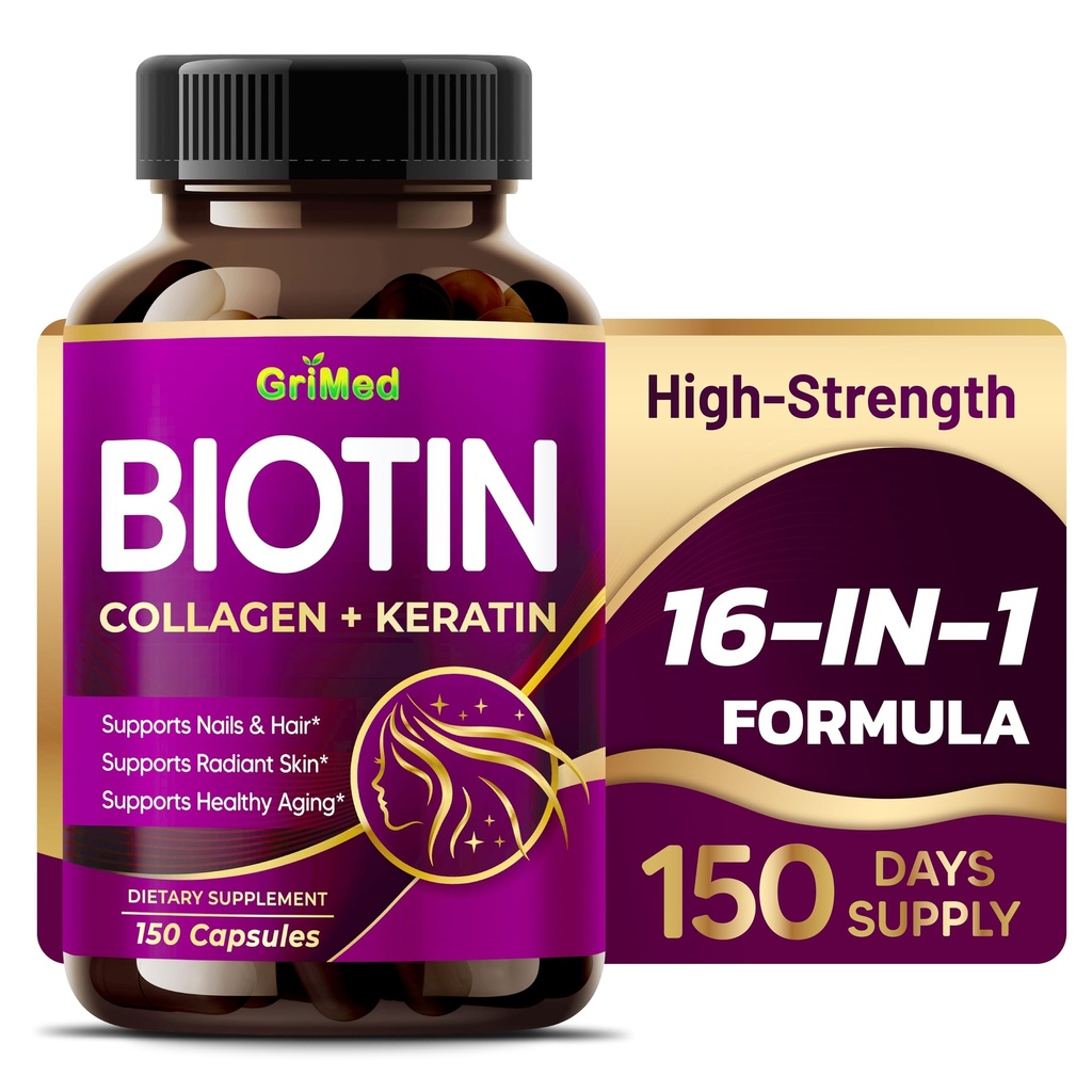 GriMed BIOTIN ar kolagēnu + keratīnu 7,275mg Spēcīgi nagi un mati, radianta āda, Veselīga novecošana- ASV Ražots un pārbaudīts (150 Grāfs (1. iepakojumā))