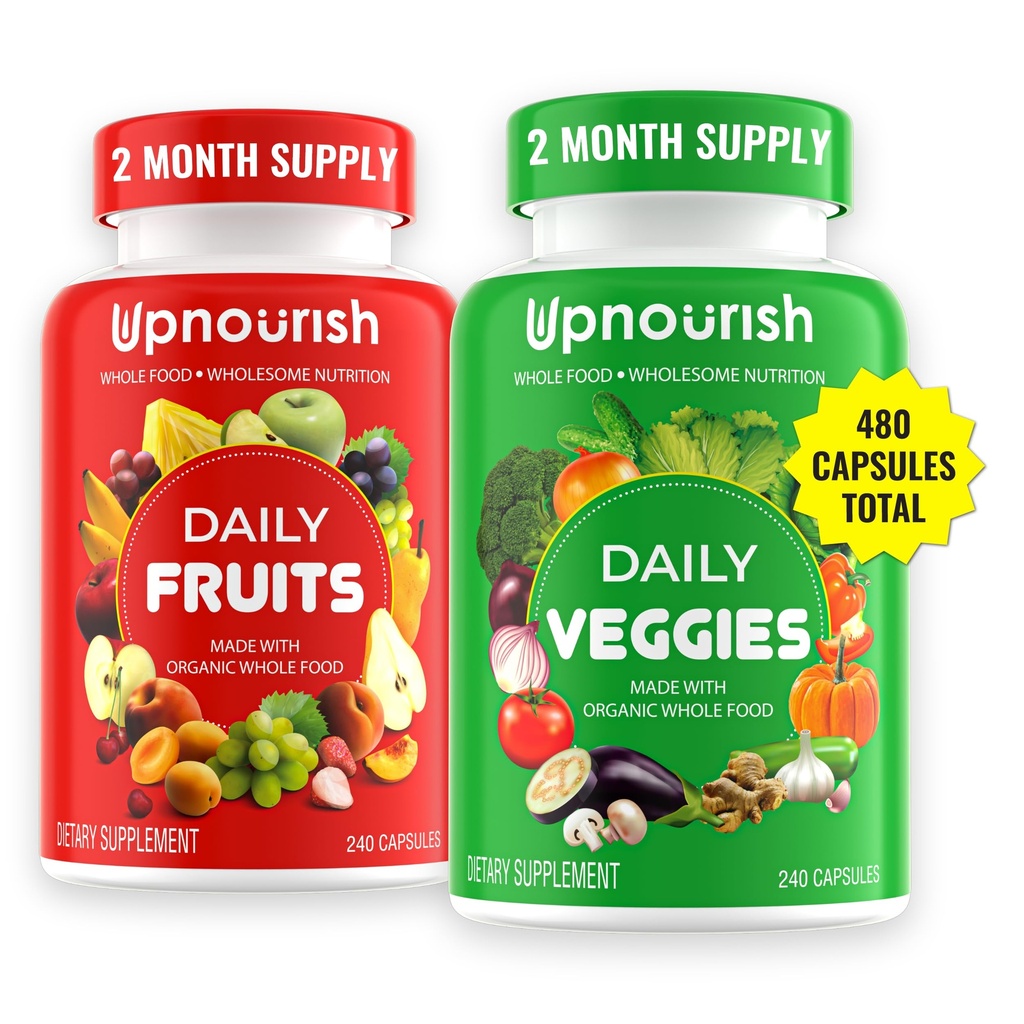 UpNourish Organic Augļi un Veggies Papildinājums - Atbalsts Diēta balanss, Ķermeņa tīrīšana un enerģija - 480 Augļi un Super Greens Kapsulas no dabas - Augļu un dārzeņu piedevas pieaugušajiem un bērniem