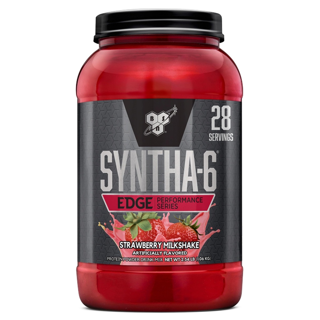 BSN SYNTHA-6 Edge Olbaltumvielu pulveris, zemeņu proteīna pulveris ar hidrolizētu sūkalu, micellar kazeīnu, piena olbaltumvielu izolātu, zemu cukura saturu, 24g proteīnu, zemeņu piena sēnīti, 28 kalpotāji