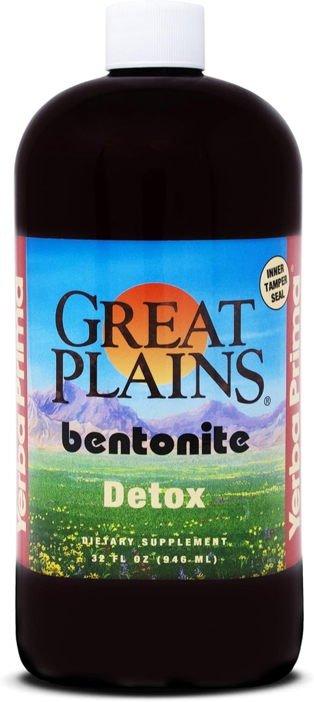 Yerba Prima Great Plains Bentonīts - 32 oz - Dabīgs iekšējais šķidro mālu tīrīšanas papildinājums - BPA-free Plastmasas pudele