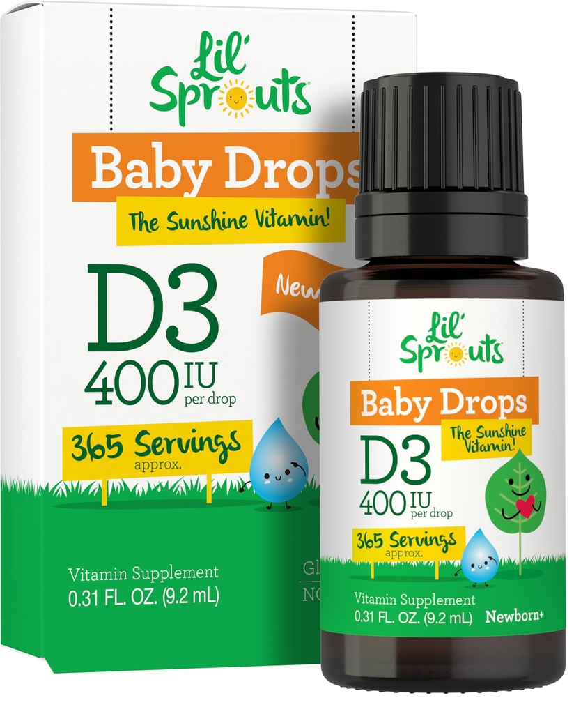 D3 vitamīns šķidrs D3 vitamīns lāses - 400 SV -31oz (9,2 ml) 1 gada piedāvājums (365 Kalpojumi) -veģetārs, ne-ĢMO un lipeklis bez Lil'Spouts