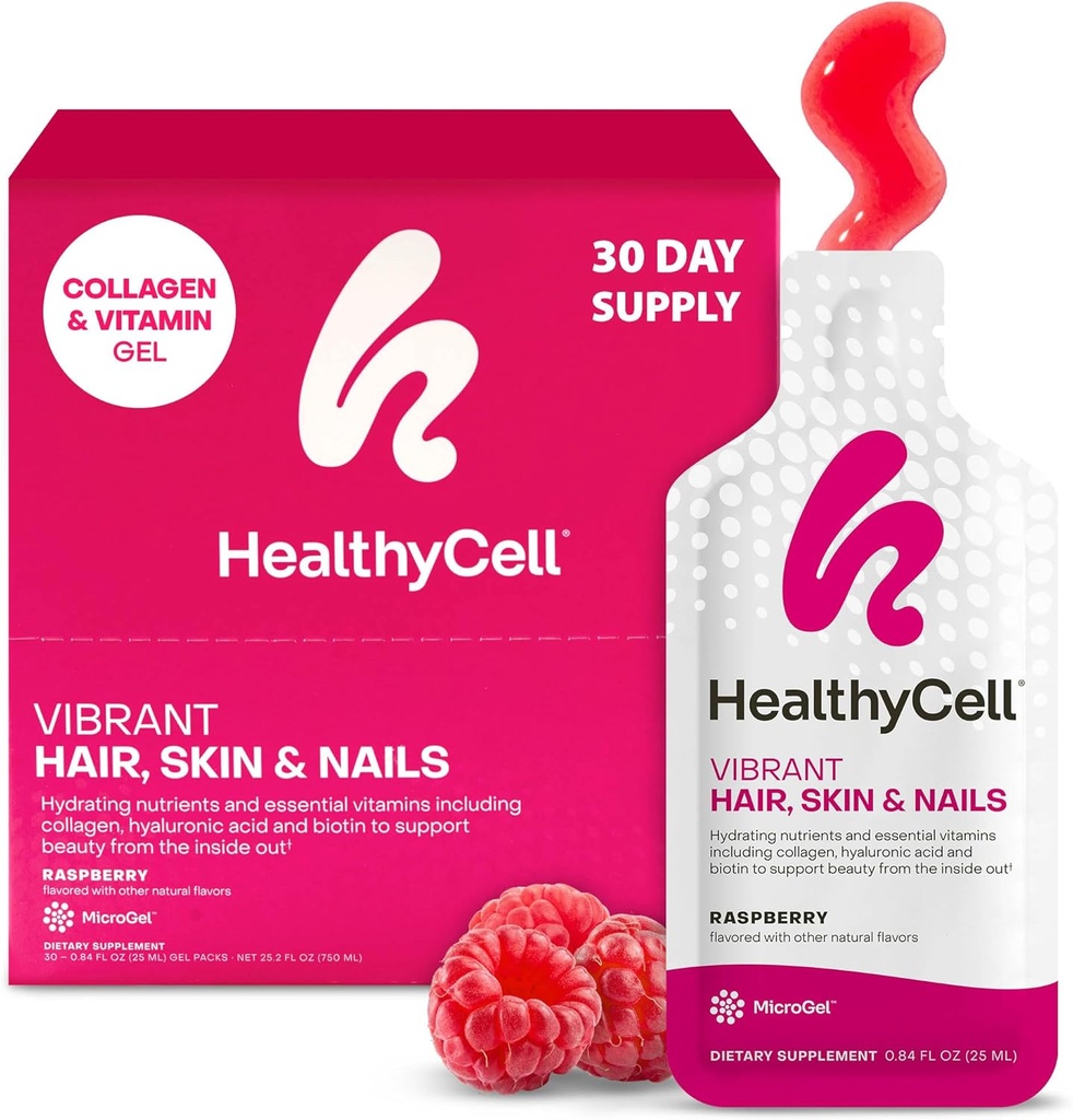 Veselīgu šūnu Vibrants Hair Skin & Nails Dienas šķidruma papildinājums - Skaistuma bagātinātāji ar hidratējošu Nutrients & Essential Vitamīni - kolagēns, biotīns un hialuronskābe - 30 Gel paketes