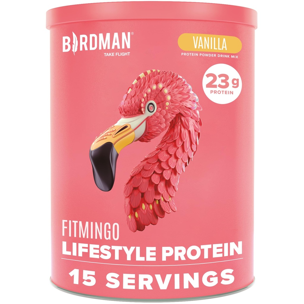 BIRDMAN Fitmingo Vegan Olbaltumvielu pulveris ar inozitolu, kolagēna pastiprinātājiem, hialuronskābi un vitamīniem; zems ogļhidrātu saturs; bez piena; zems kaloriju saturs; 23g melleņu proteīna pulveris ar mioinozitolu.