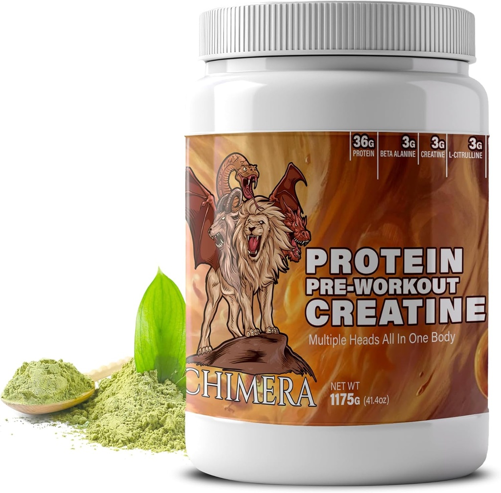 CHIMERA All-in-One Protein & Pre-Workout pulveris - 36g proteīns, 3g kreatīns, ne-GMO, bez cukura, zems nātrija līmenis, dabīgs kofeīns no Matcha, bez mākslīgiem uzliesmojumiem