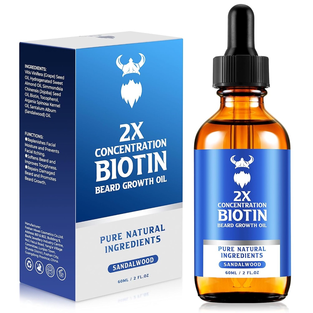 Augu augšanas eļļa - 2X Koncentrācija biotīna bārda eļļa vīriešiem (2 oz) - Dabīga vīriešu bārda eļļa ar argana eļļu, jojobas eļļa un vitamīns, bārda augšanas mīkstinātājs, mitrinošais līdzeklis (Sandalwood)